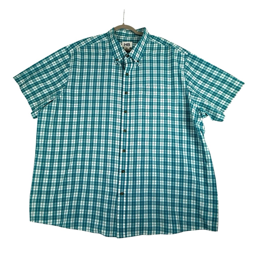 Harbor Bay Button Down Shirt Mens 3XL  Turquoise/White Plaid Check Short Sleeve